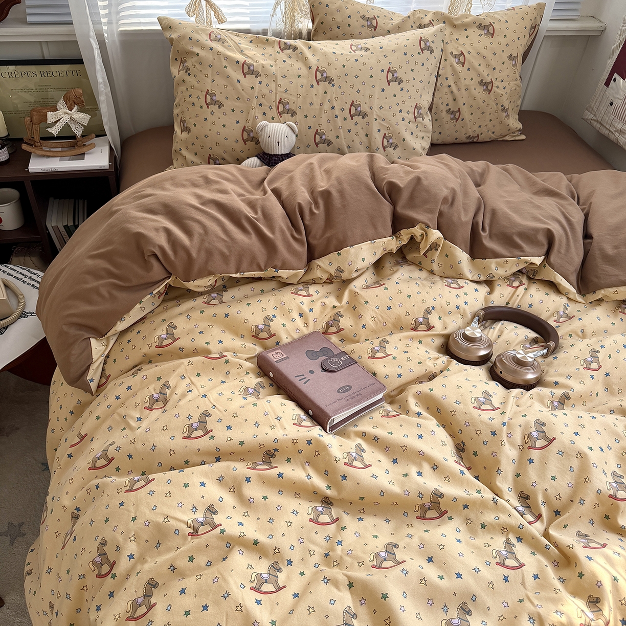 91家纺网 家纺一手货源 找家纺 原素 2026新款小清新水洗双层纱四件套 复古木马