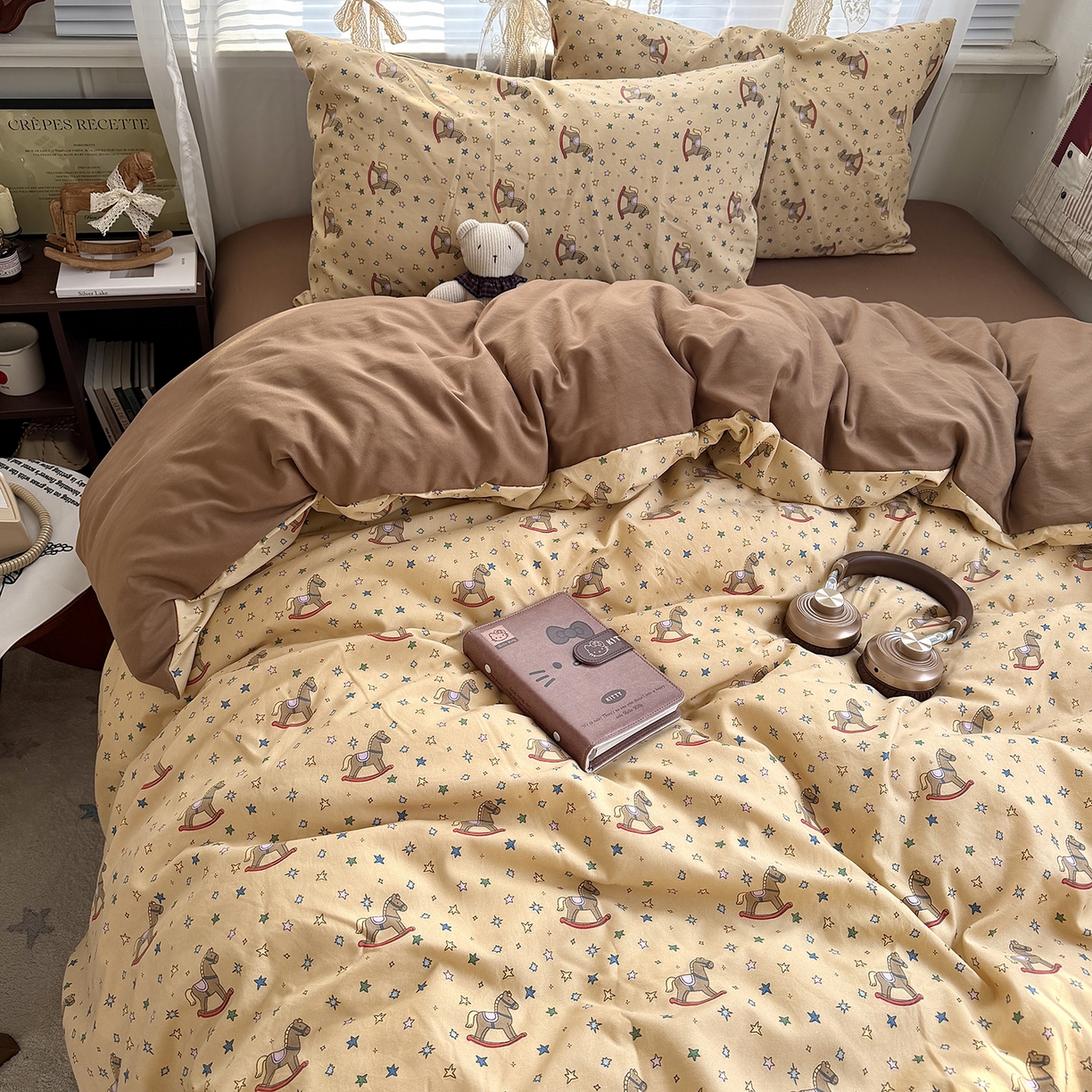 91家纺网 家纺一手货源 找家纺 原素 2026新款小清新水洗双层纱四件套 复古木马