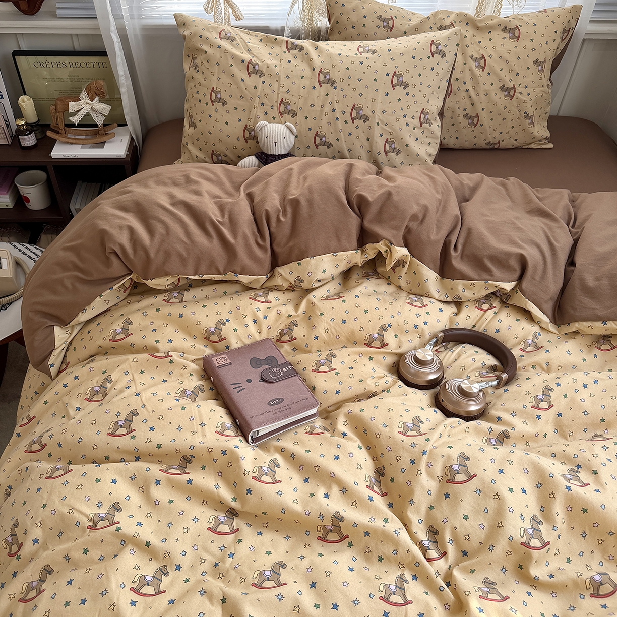 91家纺网 家纺一手货源 找家纺 原素 2026新款小清新水洗双层纱四件套 复古木马