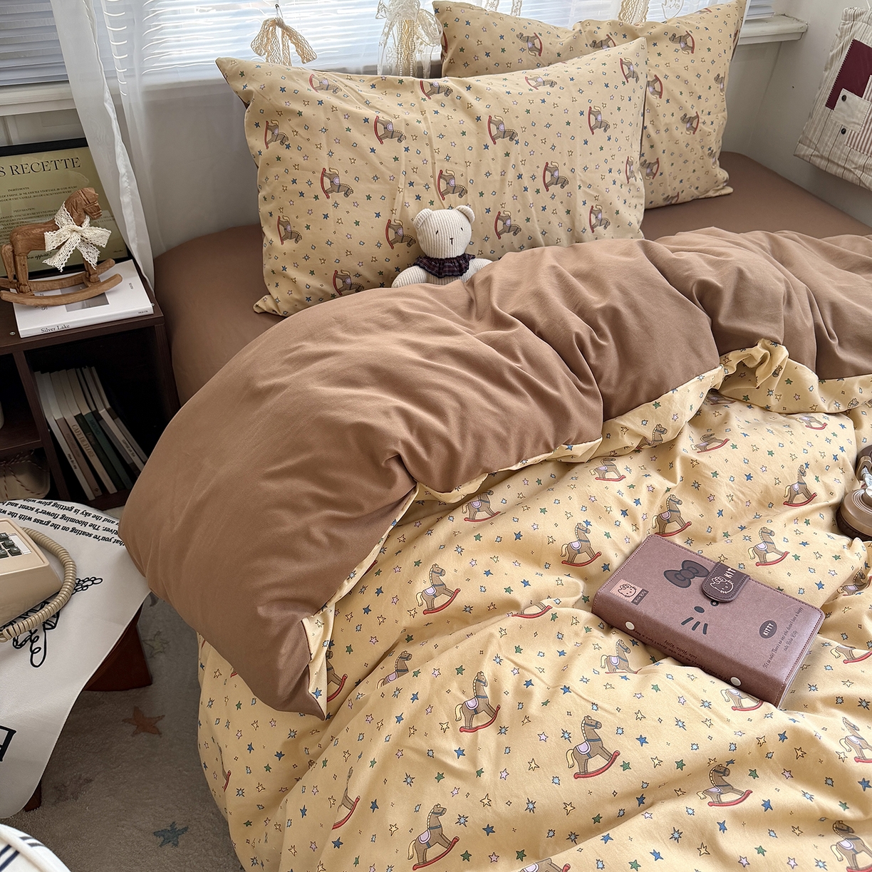 91家纺网 家纺一手货源 找家纺 原素 2026新款小清新水洗双层纱四件套 复古木马