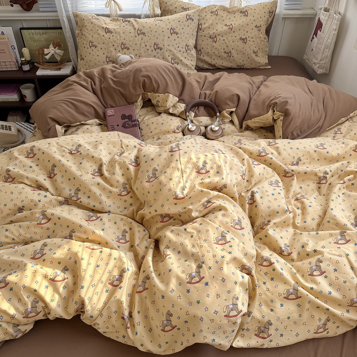 91家纺网 家纺一手货源 找家纺 原素 2026新款小清新水洗双层纱四件套 复古木马