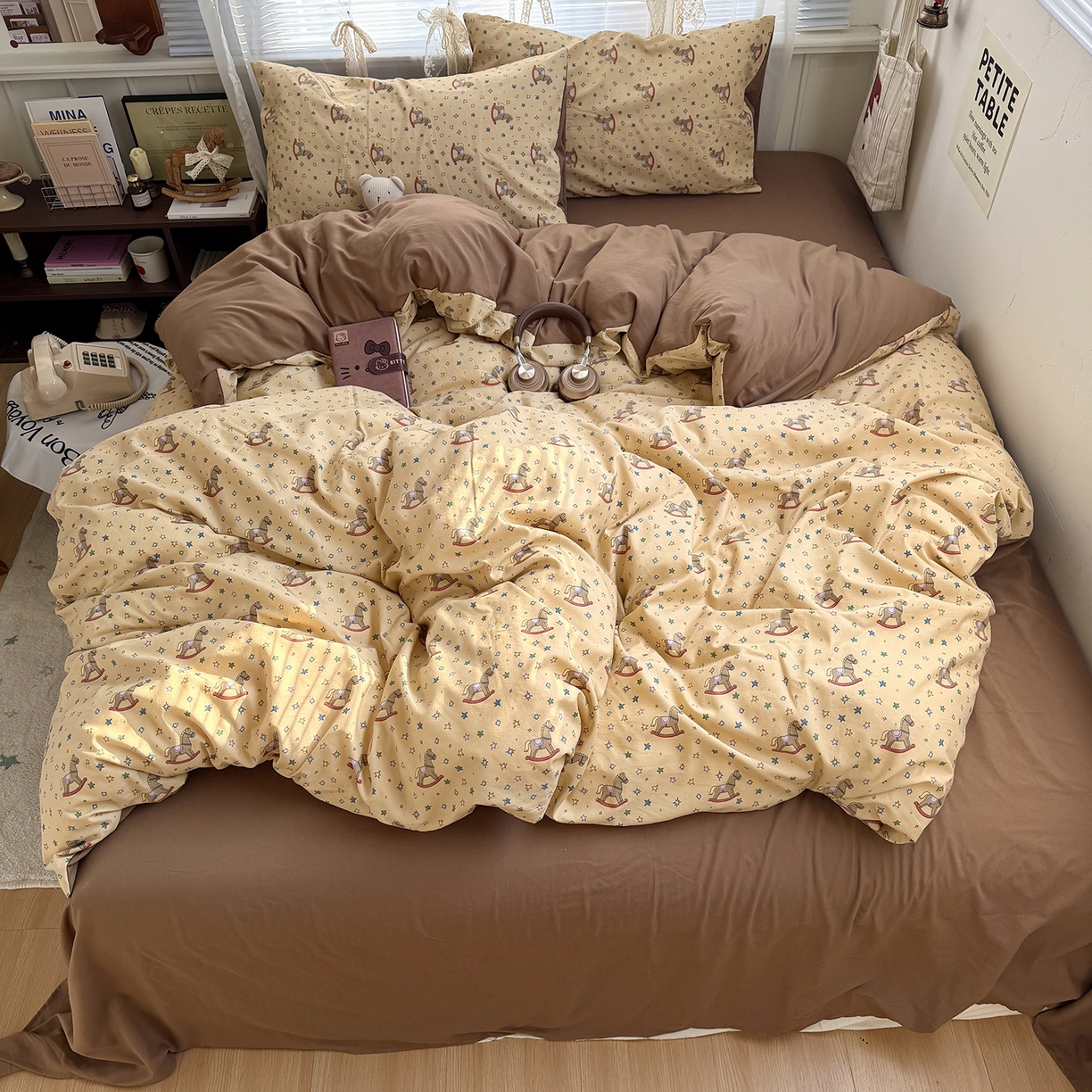 91家纺网 家纺一手货源 找家纺 原素 2026新款小清新水洗双层纱四件套 复古木马