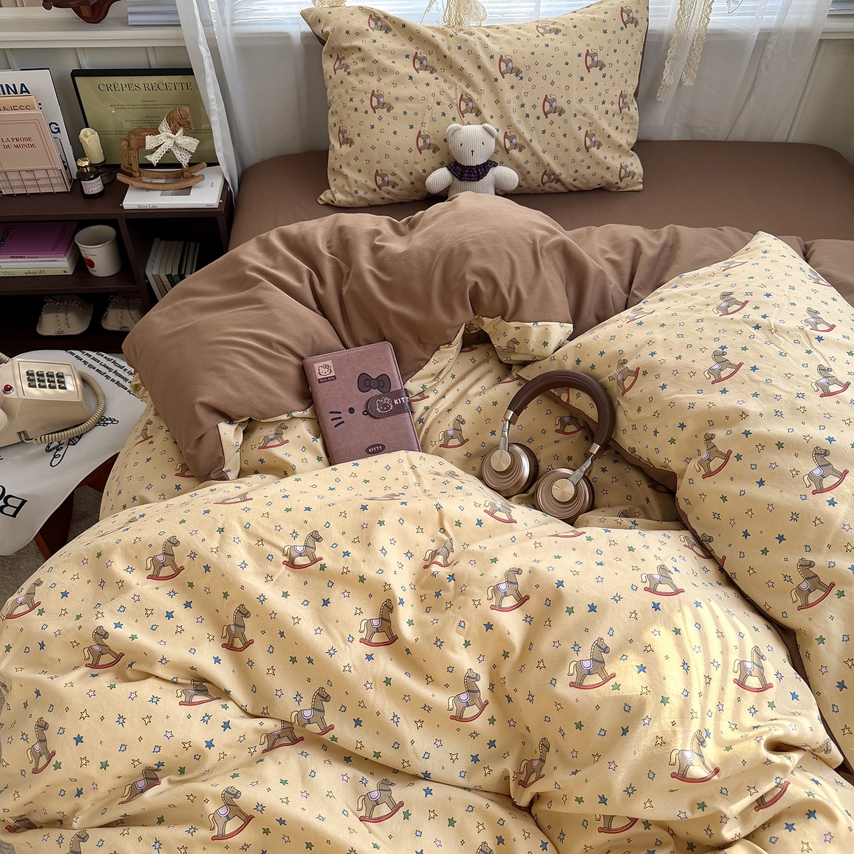 91家纺网 家纺一手货源 找家纺 原素 2026新款小清新水洗双层纱四件套 复古木马