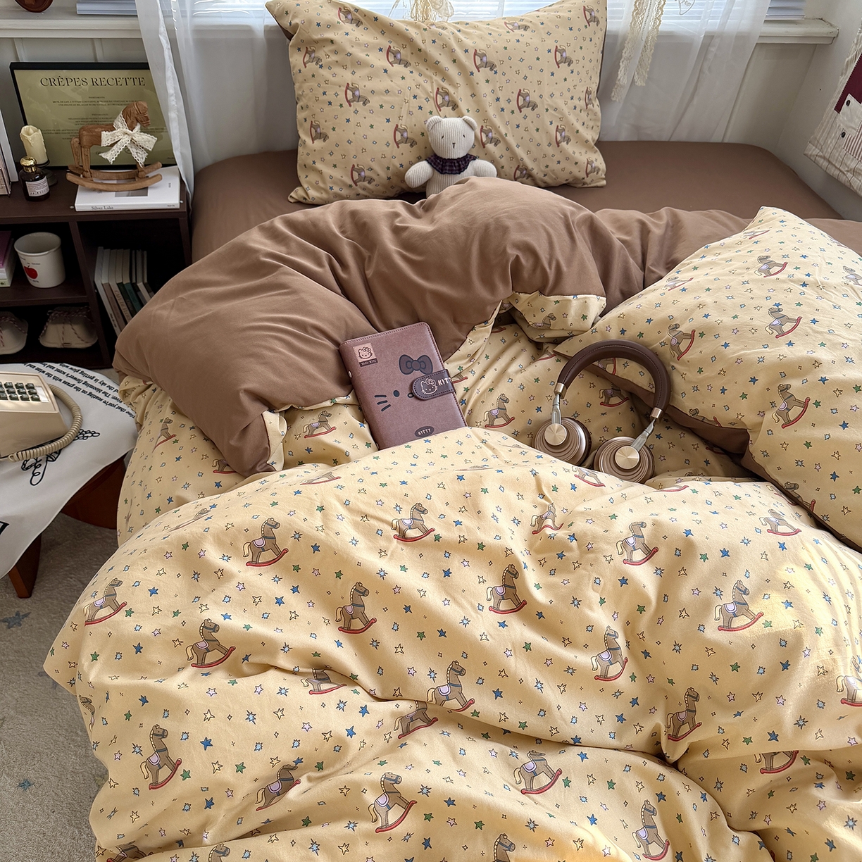 91家纺网 家纺一手货源 找家纺 原素 2026新款小清新水洗双层纱四件套 复古木马