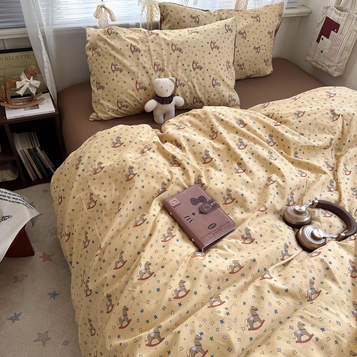 91家纺网 家纺一手货源 找家纺 原素 2026新款小清新水洗双层纱四件套 复古木马