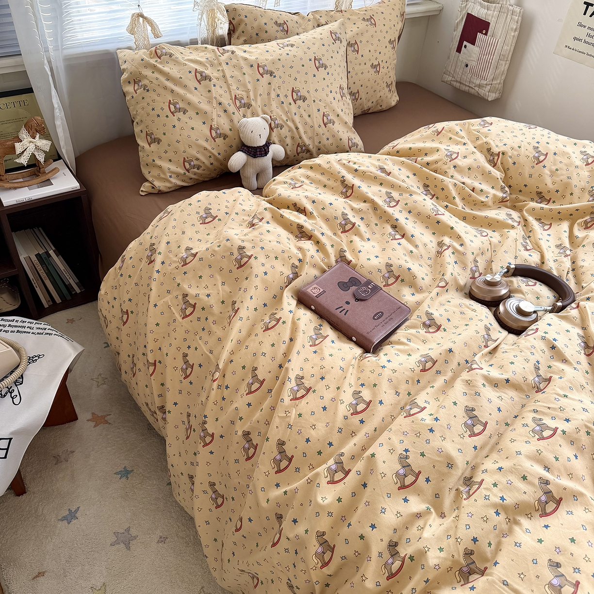 91家纺网 家纺一手货源 找家纺 原素 2026新款小清新水洗双层纱四件套 复古木马