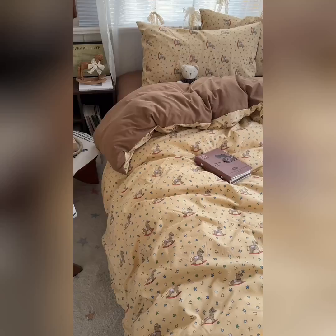 91家纺网 家纺一手货源 找家纺 原素 2026新款小清新水洗双层纱四件套 复古木马