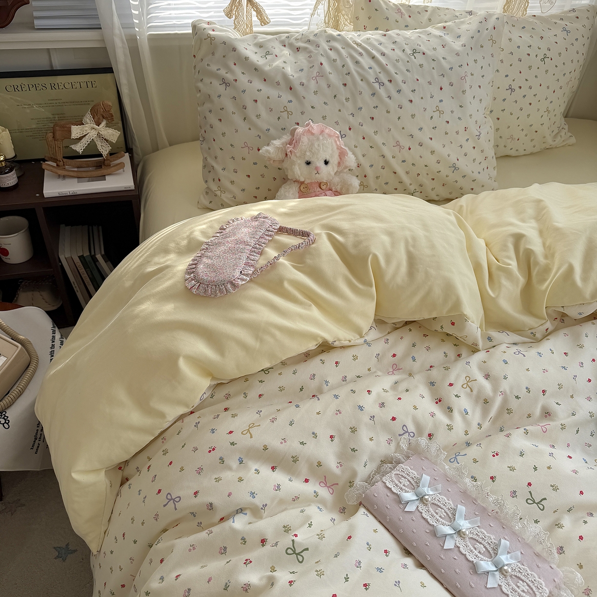 91家纺网 家纺一手货源 找家纺 原素 2026新款小清新水洗双层纱四件套 蝴蝶结小花