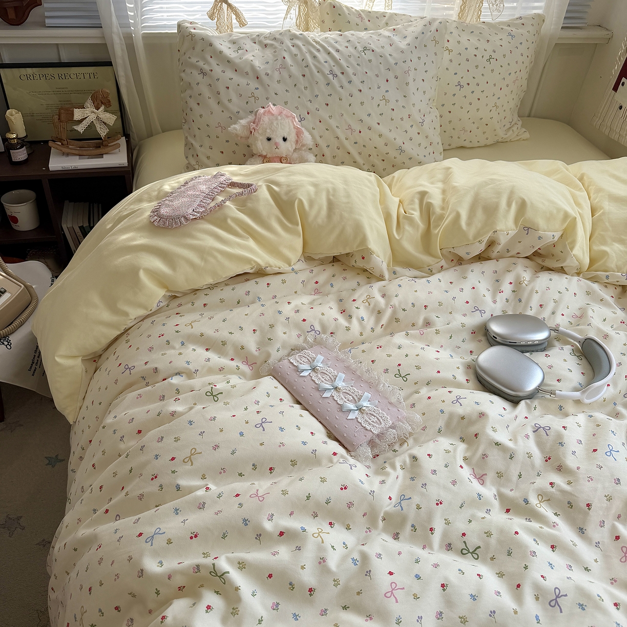 91家纺网 家纺一手货源 找家纺 原素 2026新款小清新水洗双层纱四件套 蝴蝶结小花