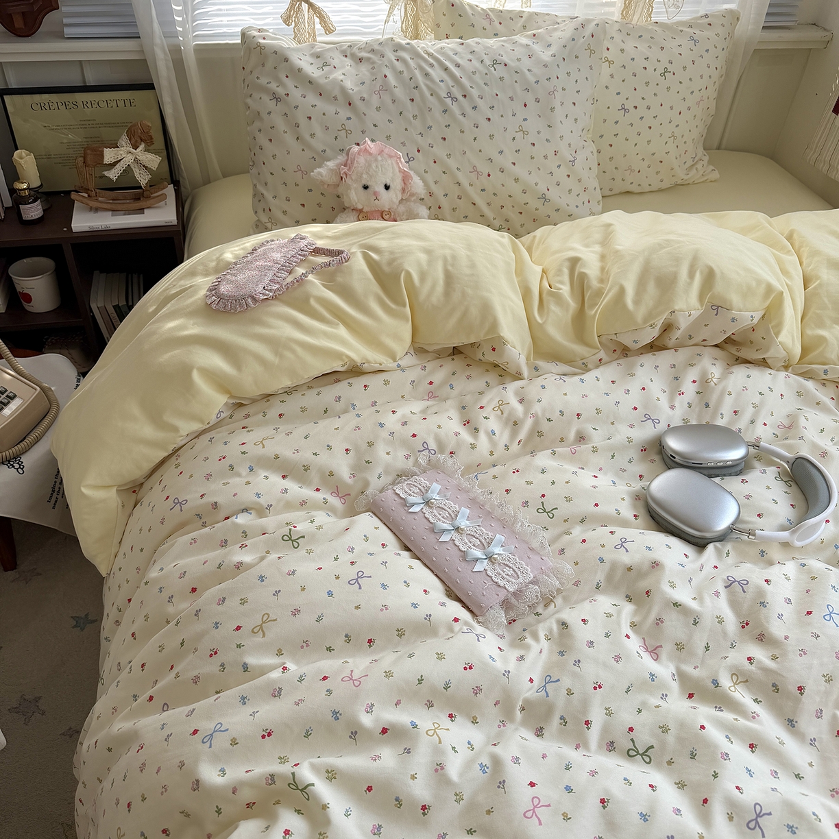 91家纺网 家纺一手货源 找家纺 原素 2026新款小清新水洗双层纱四件套 蝴蝶结小花