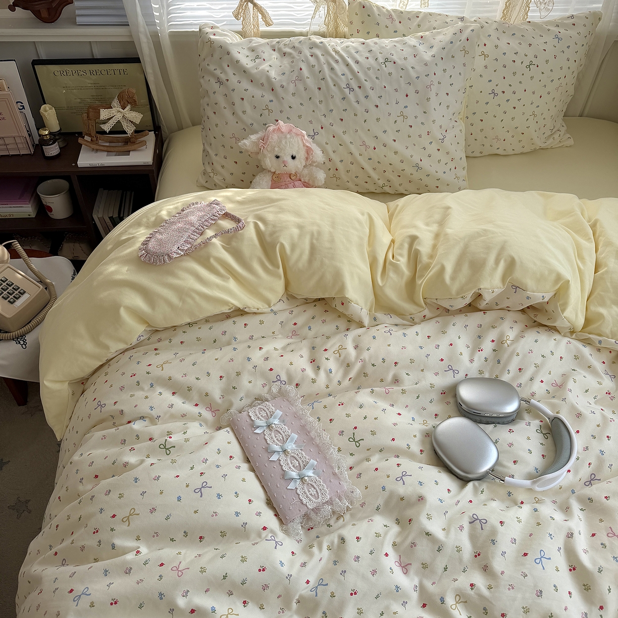 91家纺网 家纺一手货源 找家纺 原素 2026新款小清新水洗双层纱四件套 蝴蝶结小花