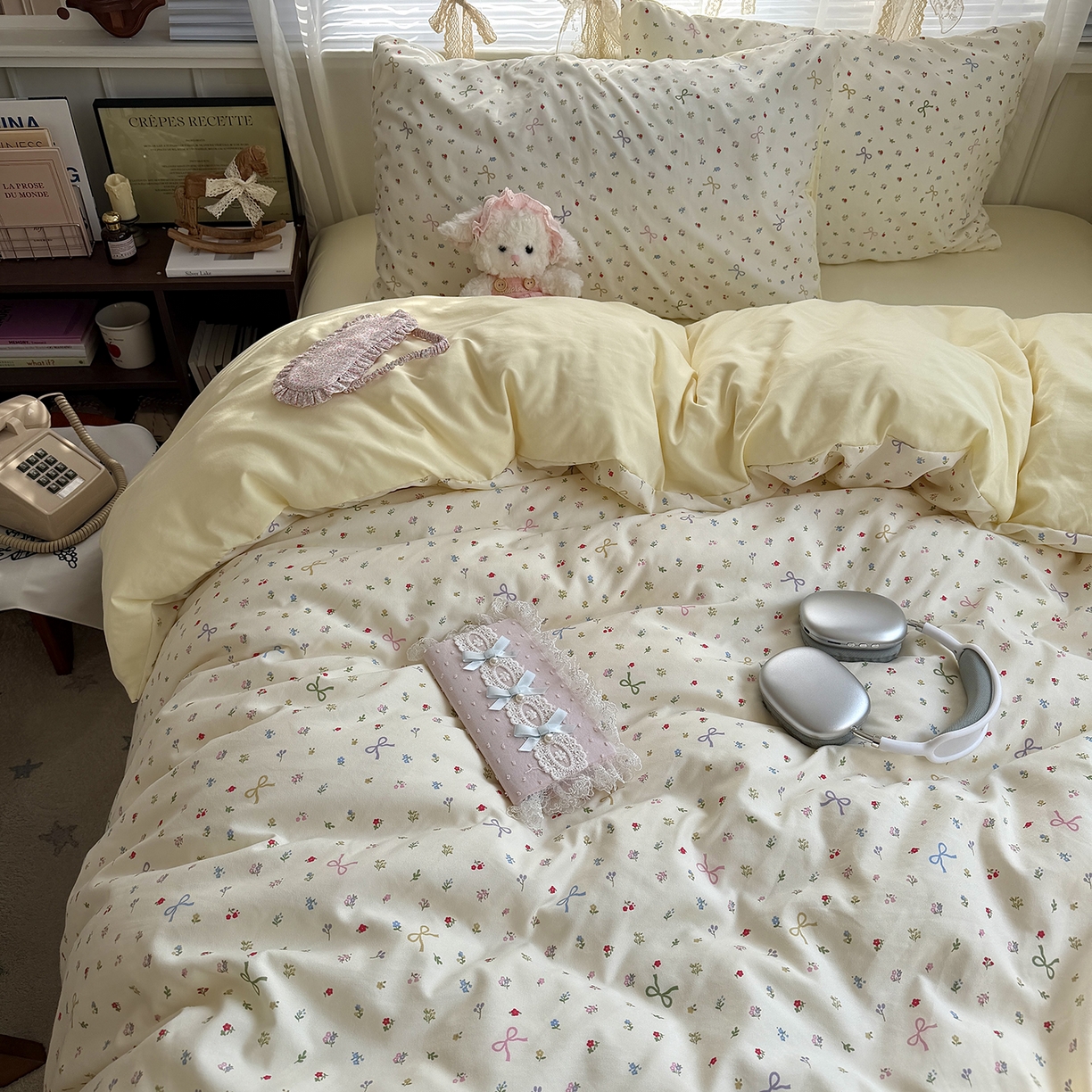 91家纺网 家纺一手货源 找家纺 原素 2026新款小清新水洗双层纱四件套 蝴蝶结小花