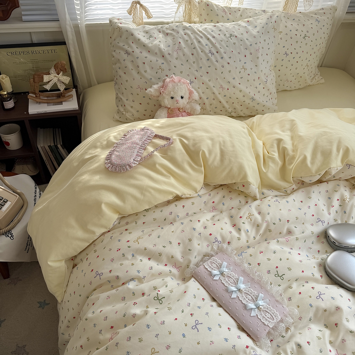 91家纺网 家纺一手货源 找家纺 原素 2026新款小清新水洗双层纱四件套 蝴蝶结小花