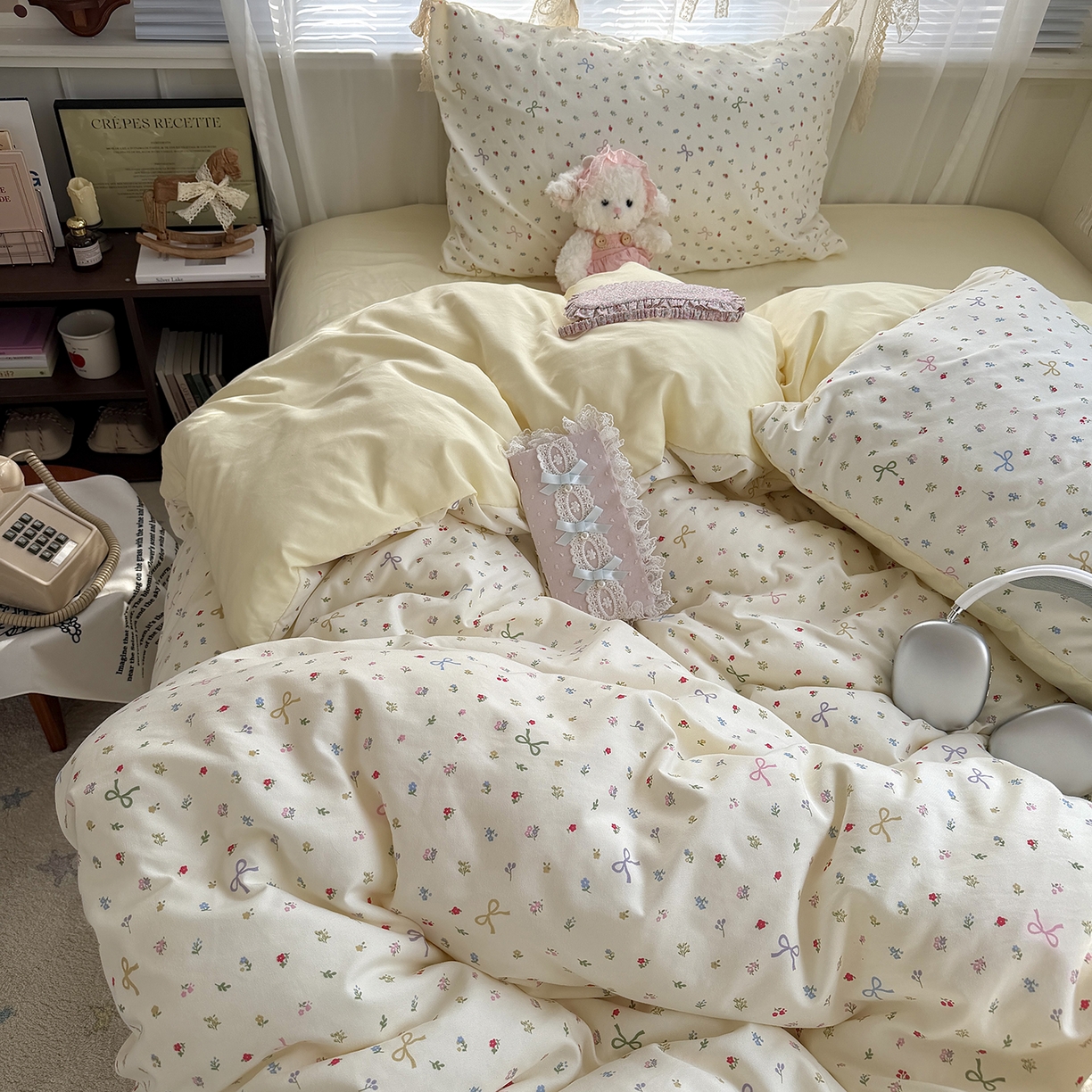 91家纺网 家纺一手货源 找家纺 原素 2026新款小清新水洗双层纱四件套 蝴蝶结小花