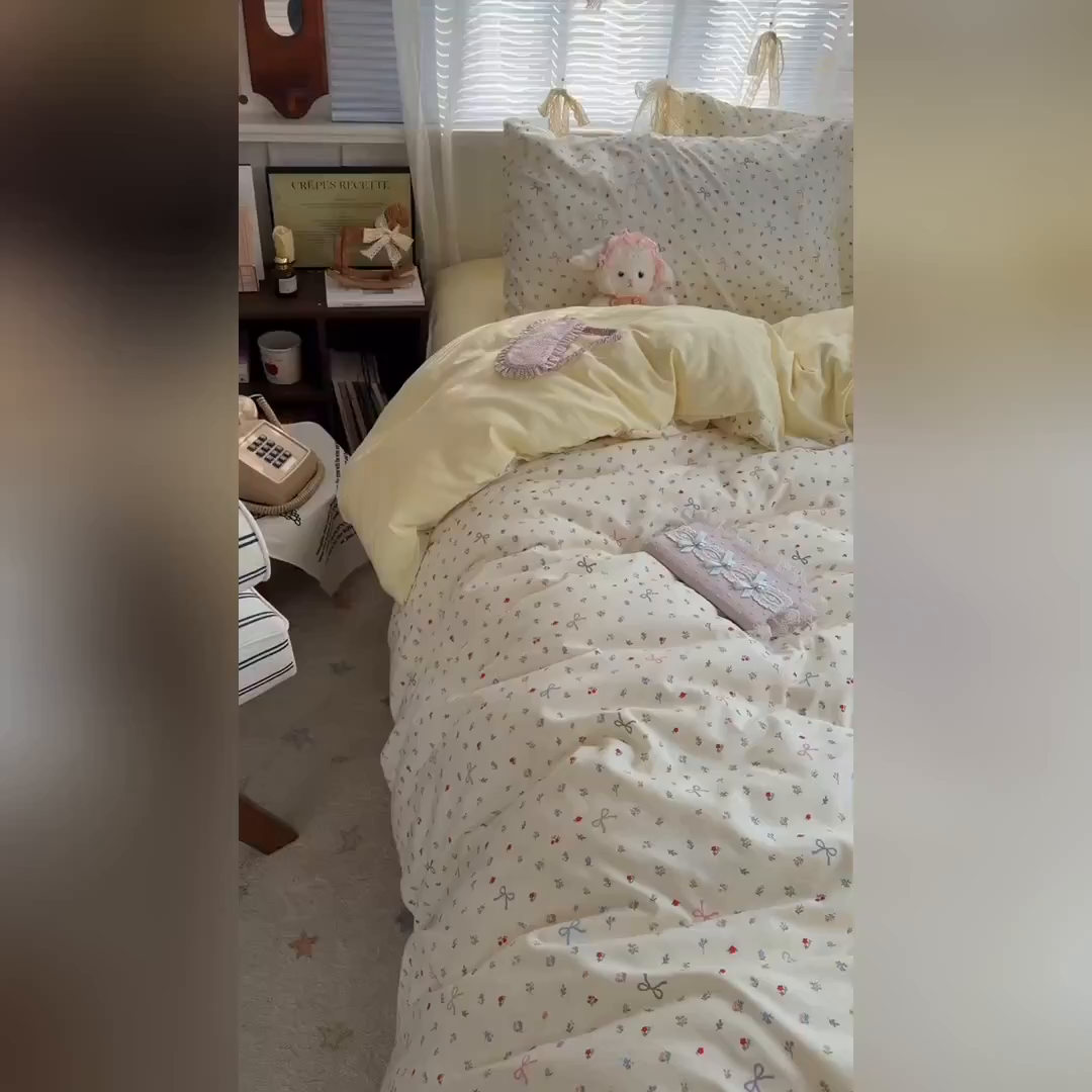 91家纺网 家纺一手货源 找家纺 原素 2026新款小清新水洗双层纱四件套 蝴蝶结小花