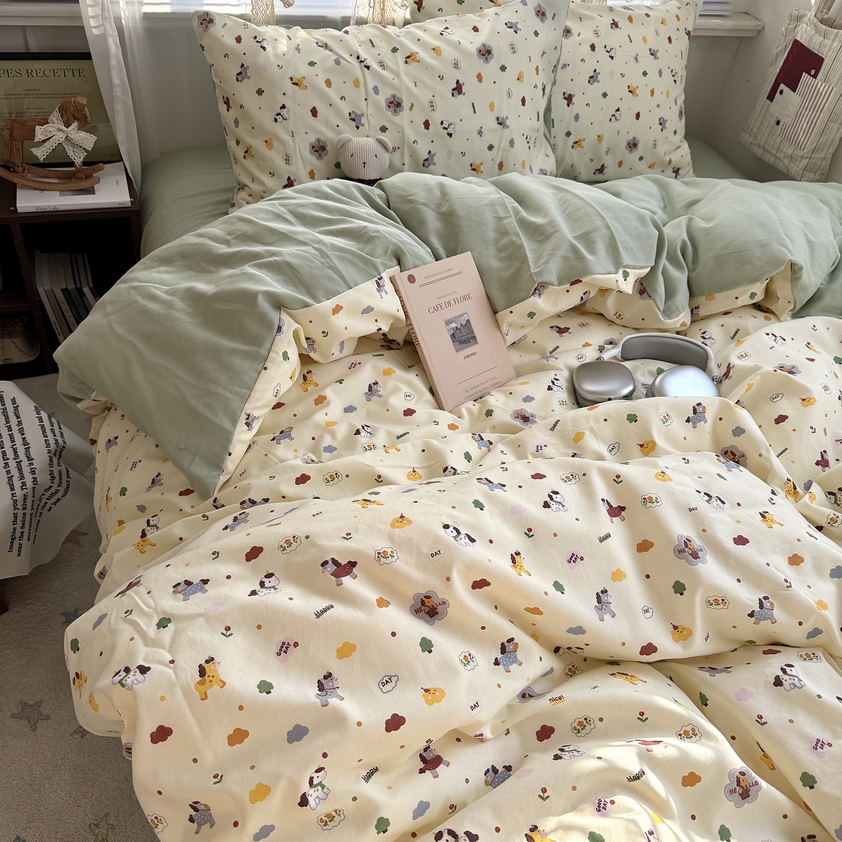 91家纺网 家纺一手货源 找家纺 原素 2026新款小清新水洗双层纱四件套 快乐小马