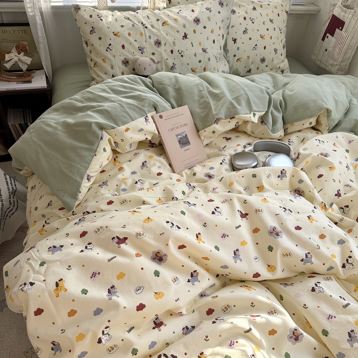 91家纺网 家纺一手货源 找家纺 原素 2026新款小清新水洗双层纱四件套 快乐小马