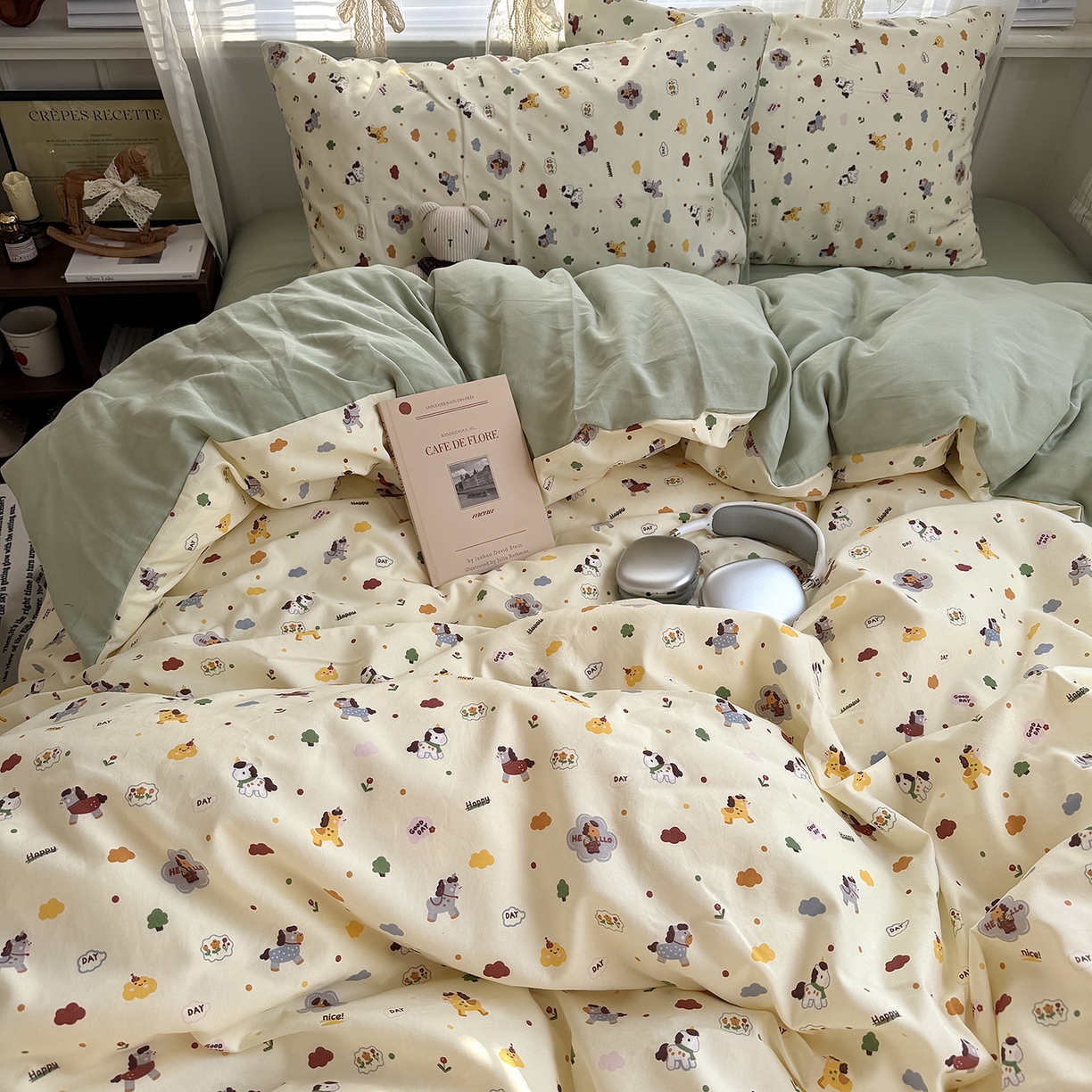 91家纺网 家纺一手货源 找家纺 原素 2026新款小清新水洗双层纱四件套 快乐小马