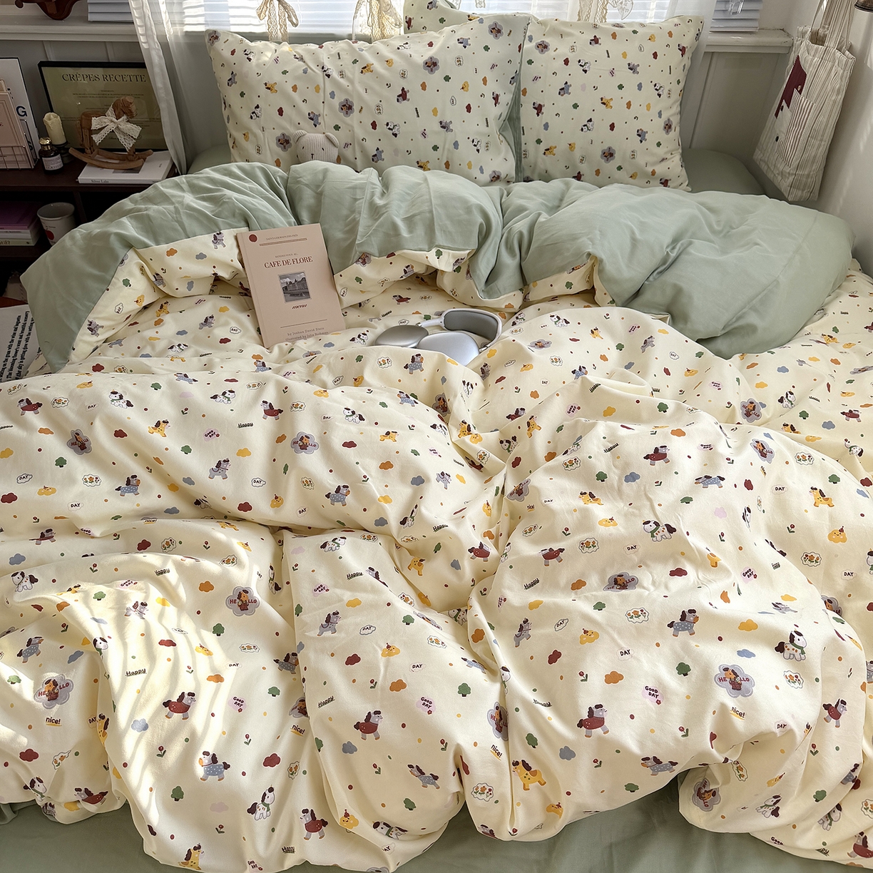 91家纺网 家纺一手货源 找家纺 原素 2026新款小清新水洗双层纱四件套 快乐小马