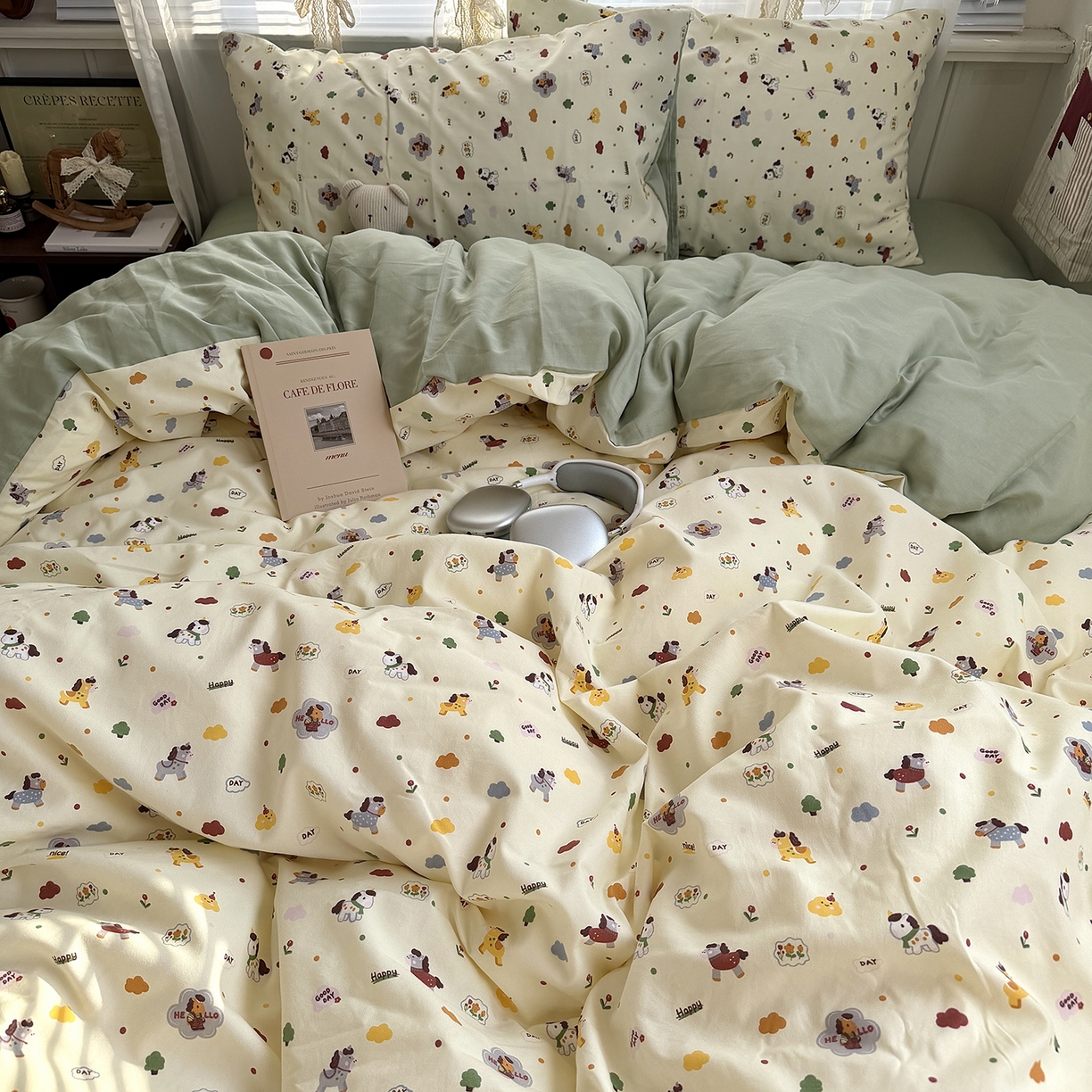 91家纺网 家纺一手货源 找家纺 原素 2026新款小清新水洗双层纱四件套 快乐小马