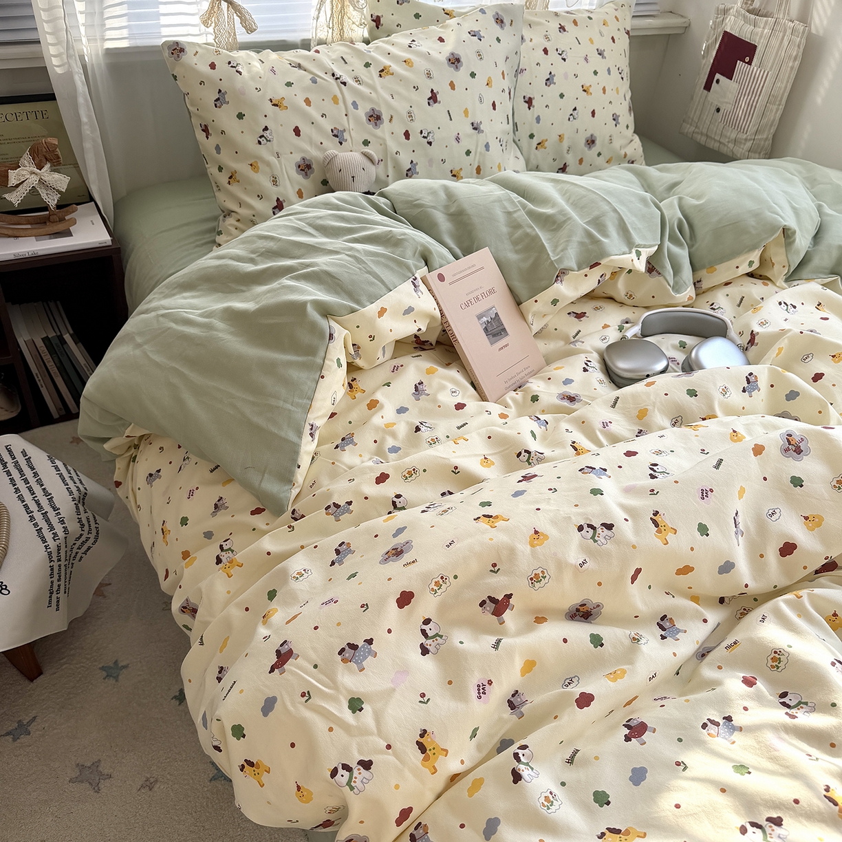 91家纺网 家纺一手货源 找家纺 原素 2026新款小清新水洗双层纱四件套 快乐小马