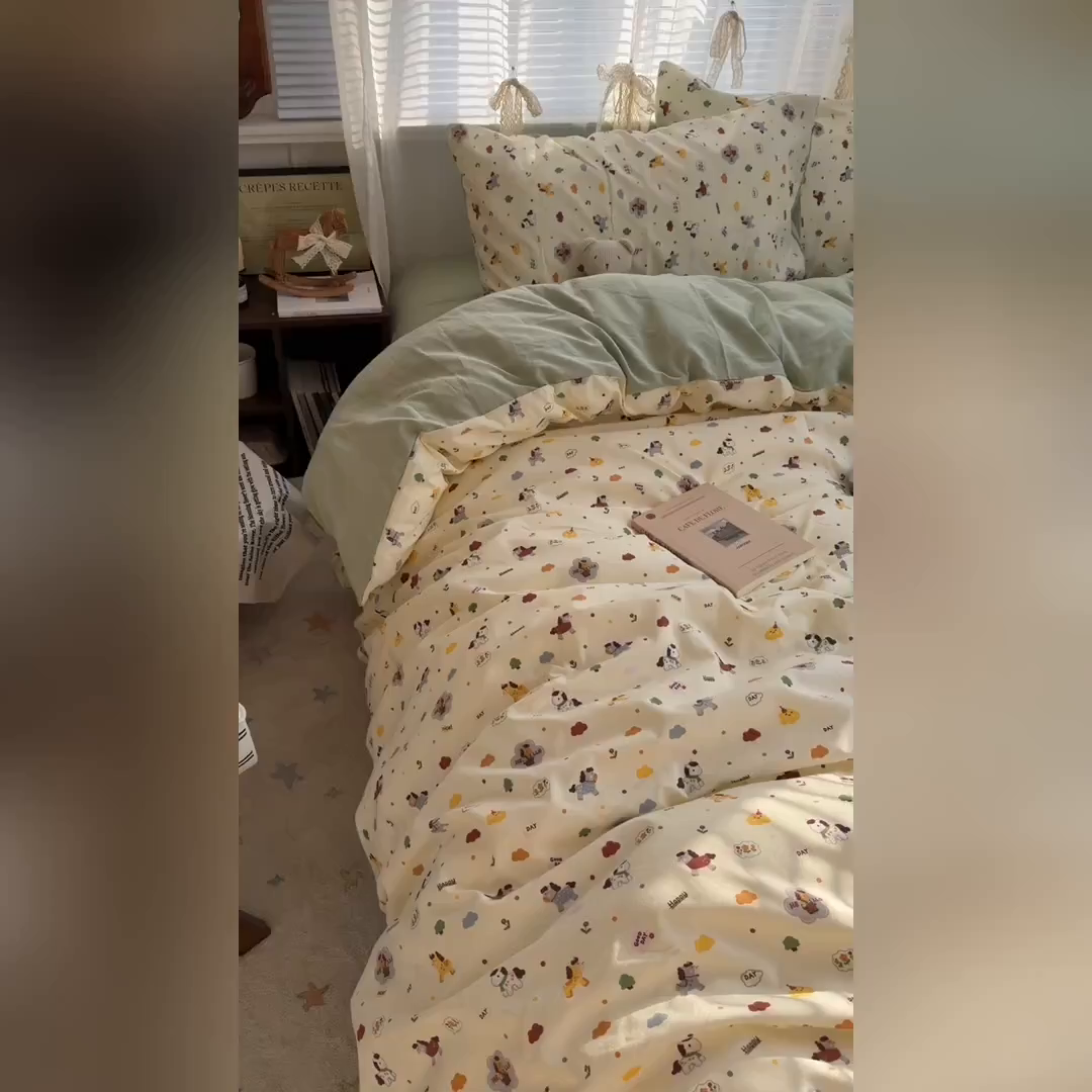 91家纺网 家纺一手货源 找家纺 原素 2026新款小清新水洗双层纱四件套 快乐小马