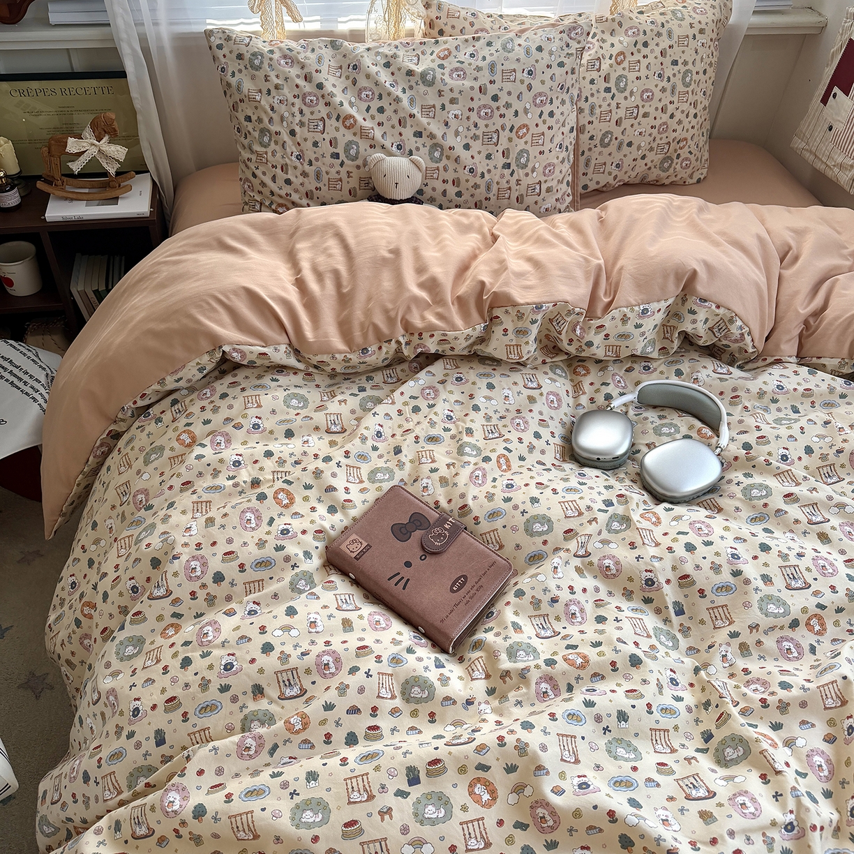 91家纺网 家纺一手货源 找家纺 原素 2026新款小清新水洗双层纱四件套 喵咪乐园