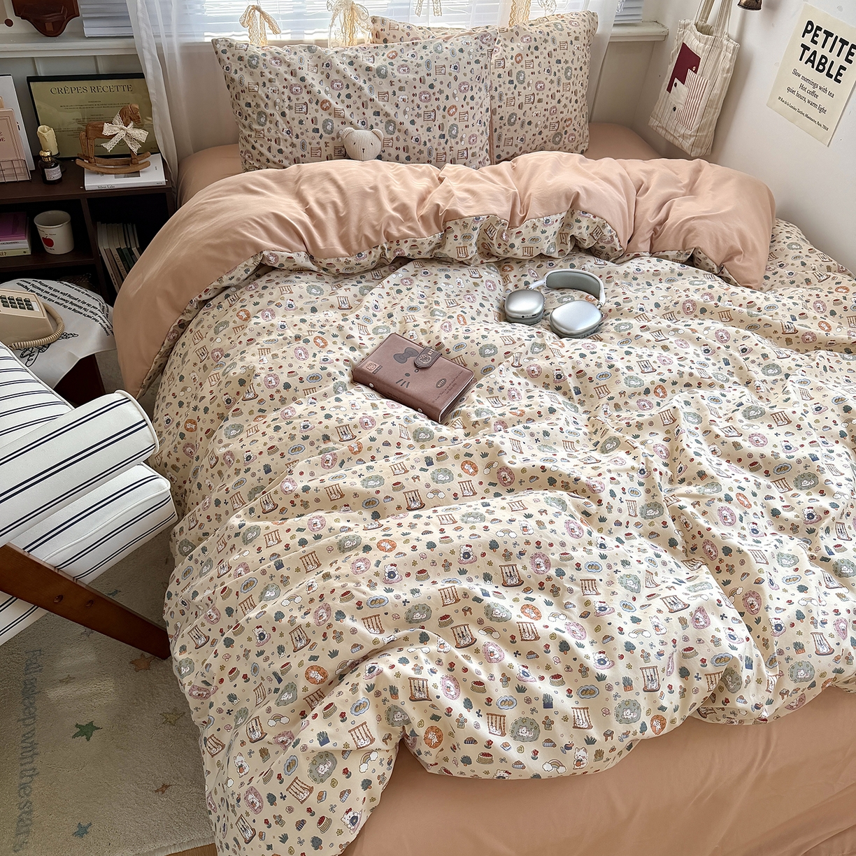 91家纺网 家纺一手货源 找家纺 原素 2026新款小清新水洗双层纱四件套 喵咪乐园