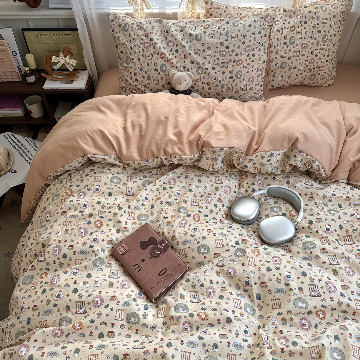 91家纺网 家纺一手货源 找家纺 原素 2026新款小清新水洗双层纱四件套 喵咪乐园