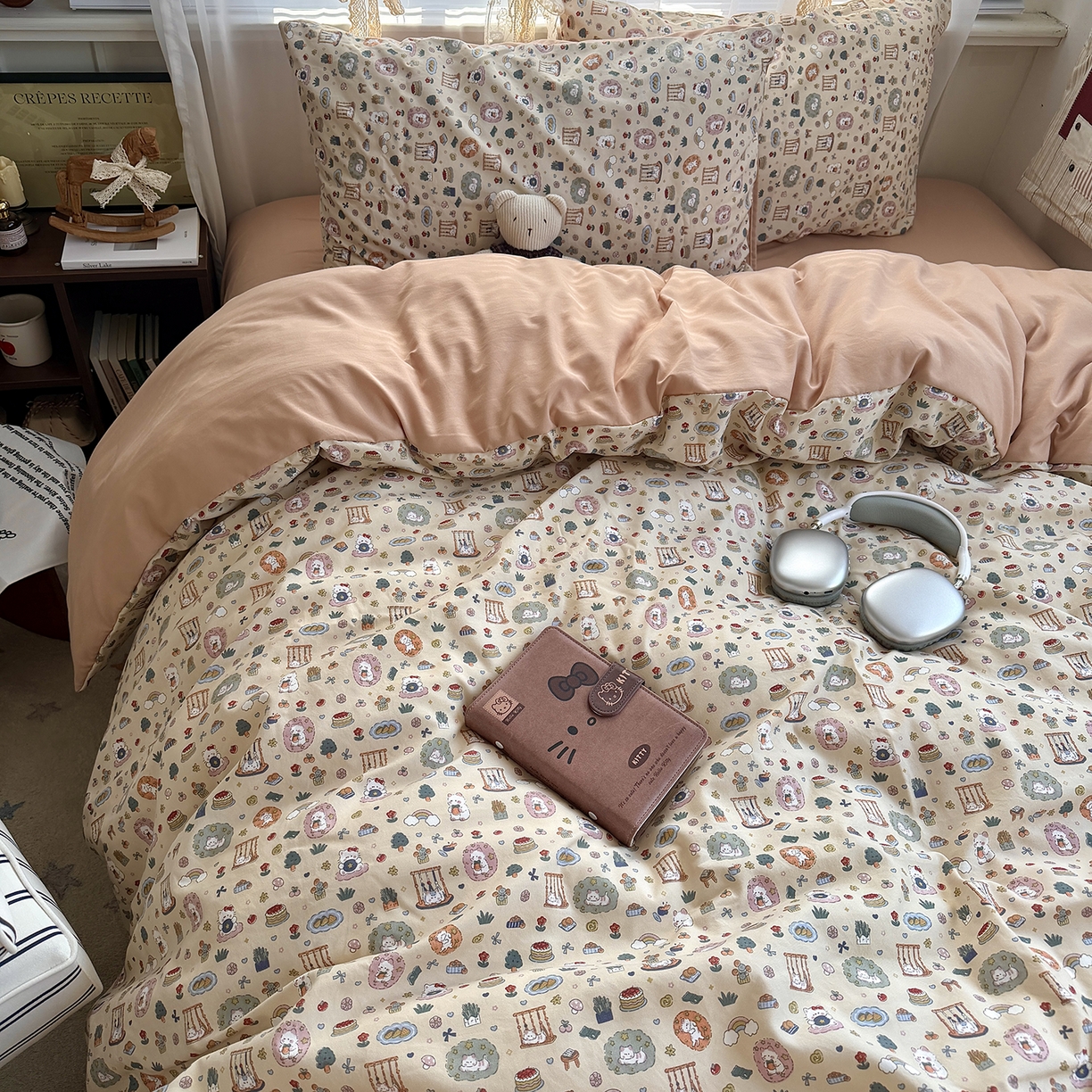 91家纺网 家纺一手货源 找家纺 原素 2026新款小清新水洗双层纱四件套 喵咪乐园