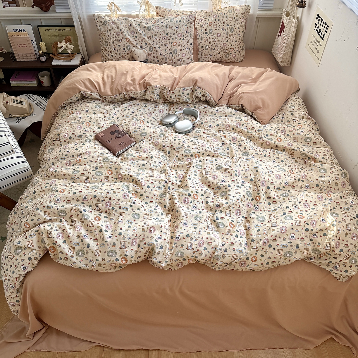 91家纺网 家纺一手货源 找家纺 原素 2026新款小清新水洗双层纱四件套 喵咪乐园