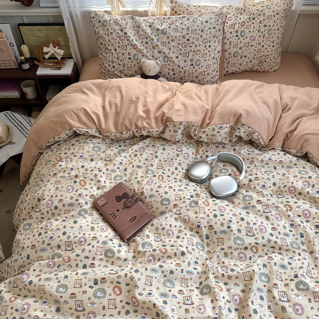 91家纺网 家纺一手货源 找家纺 原素 2026新款小清新水洗双层纱四件套 喵咪乐园