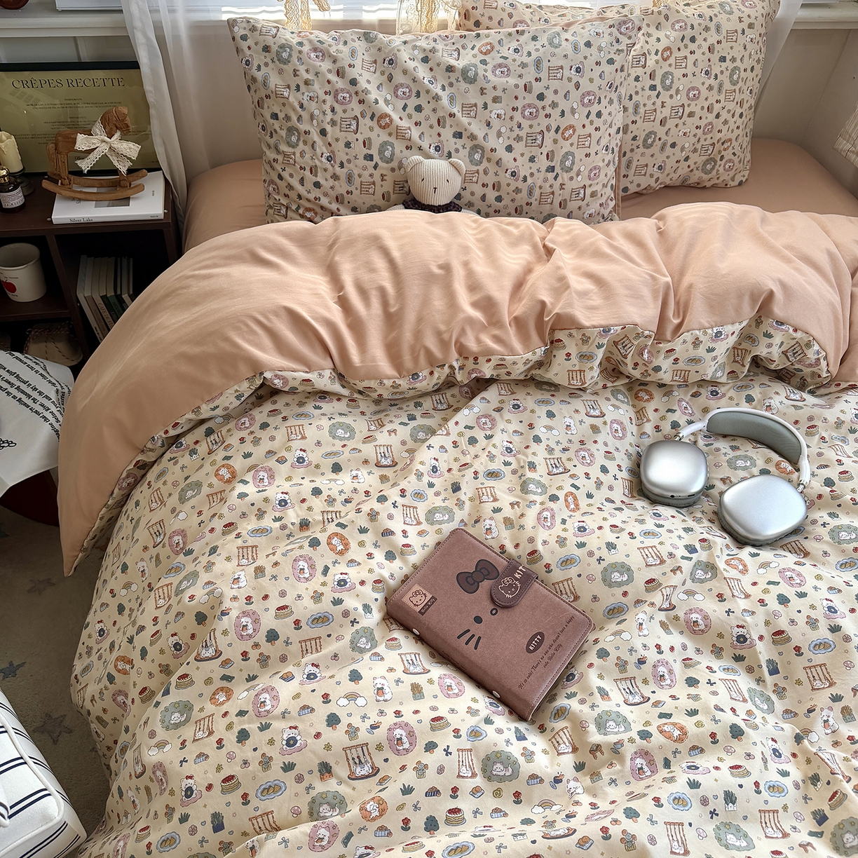 91家纺网 家纺一手货源 找家纺 原素 2026新款小清新水洗双层纱四件套 喵咪乐园