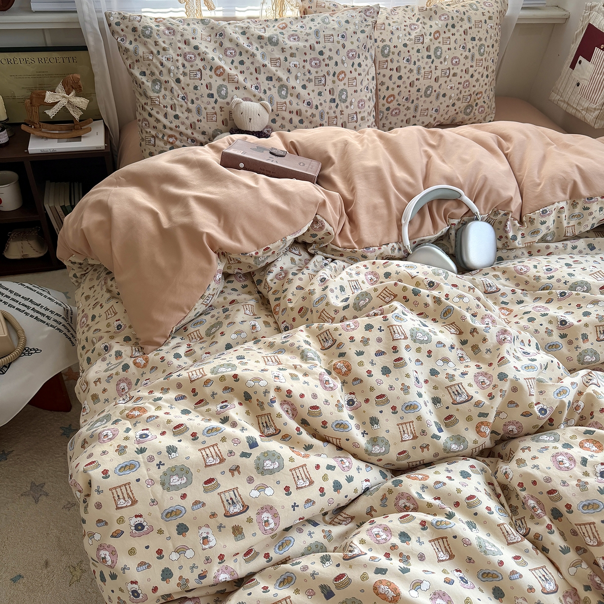 91家纺网 家纺一手货源 找家纺 原素 2026新款小清新水洗双层纱四件套 喵咪乐园