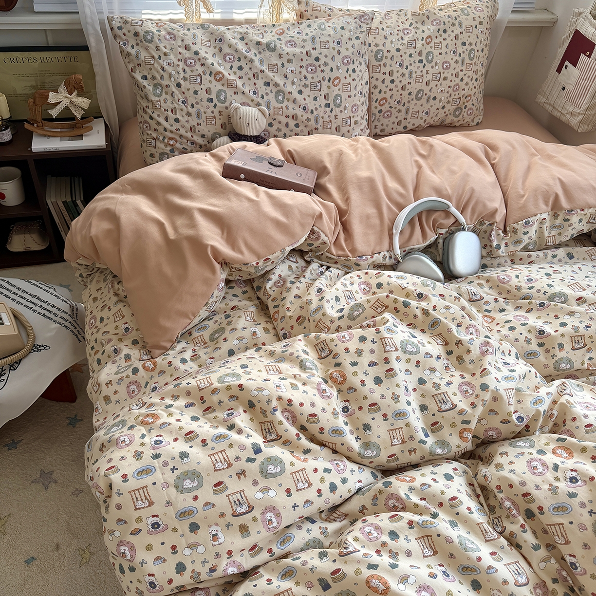 91家纺网 家纺一手货源 找家纺 原素 2026新款小清新水洗双层纱四件套 喵咪乐园