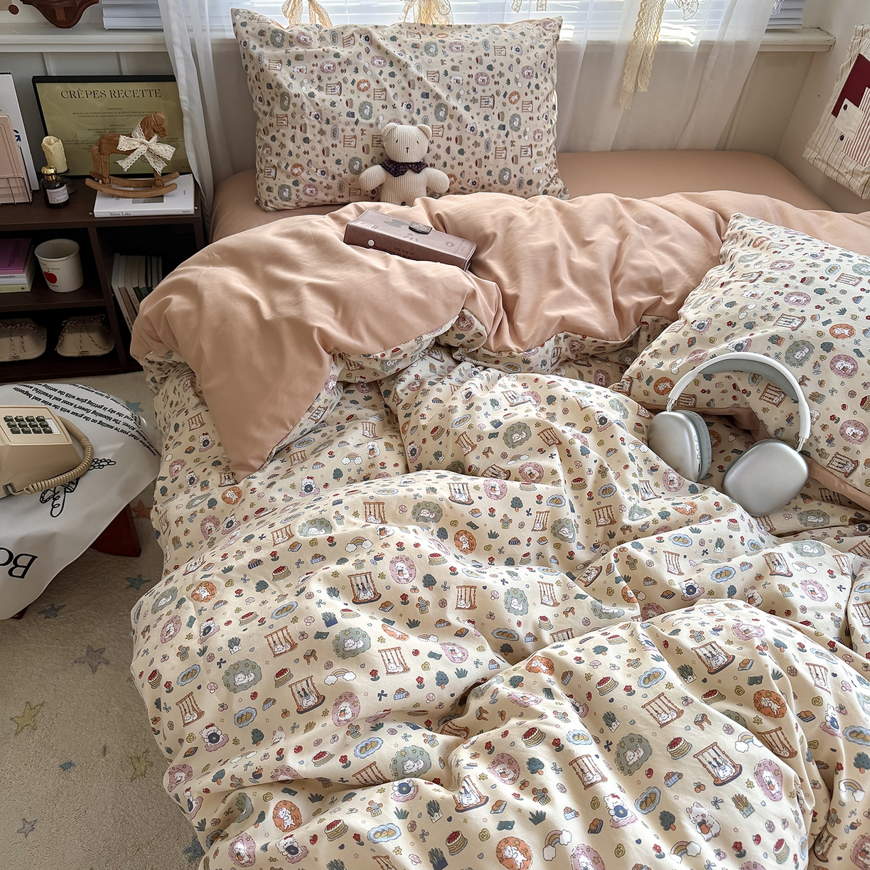 91家纺网 家纺一手货源 找家纺 原素 2026新款小清新水洗双层纱四件套 喵咪乐园