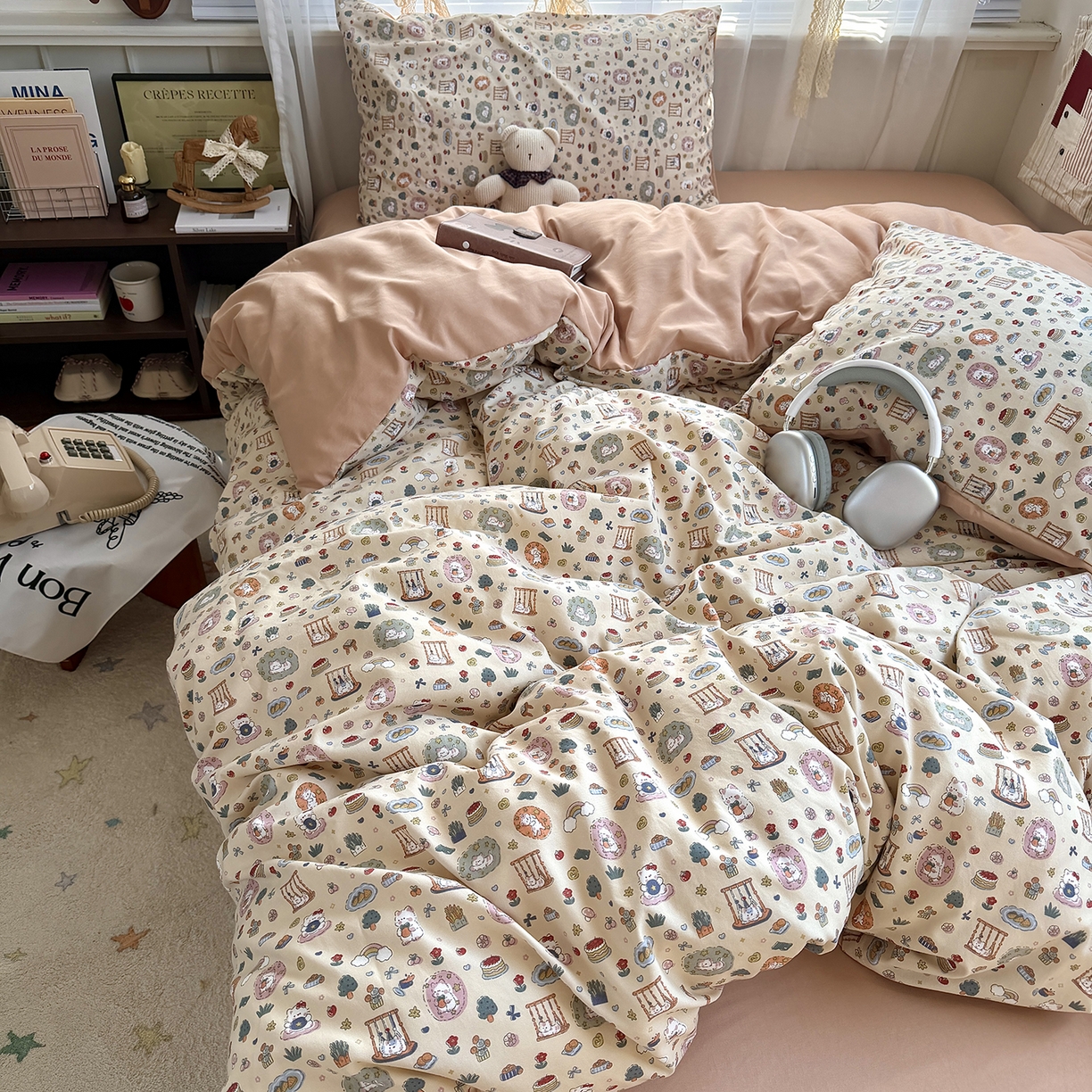 91家纺网 家纺一手货源 找家纺 原素 2026新款小清新水洗双层纱四件套 喵咪乐园