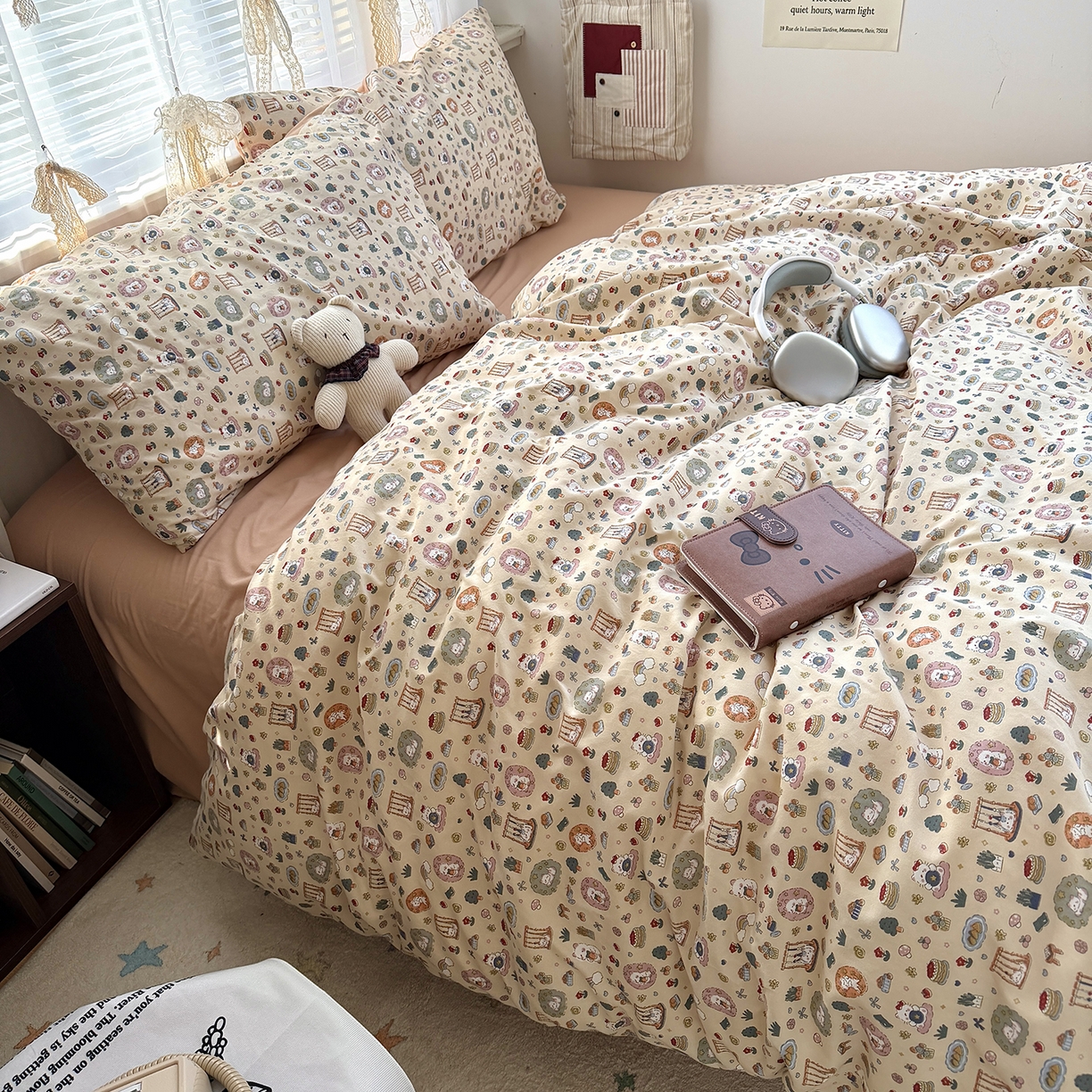 91家纺网 家纺一手货源 找家纺 原素 2026新款小清新水洗双层纱四件套 喵咪乐园