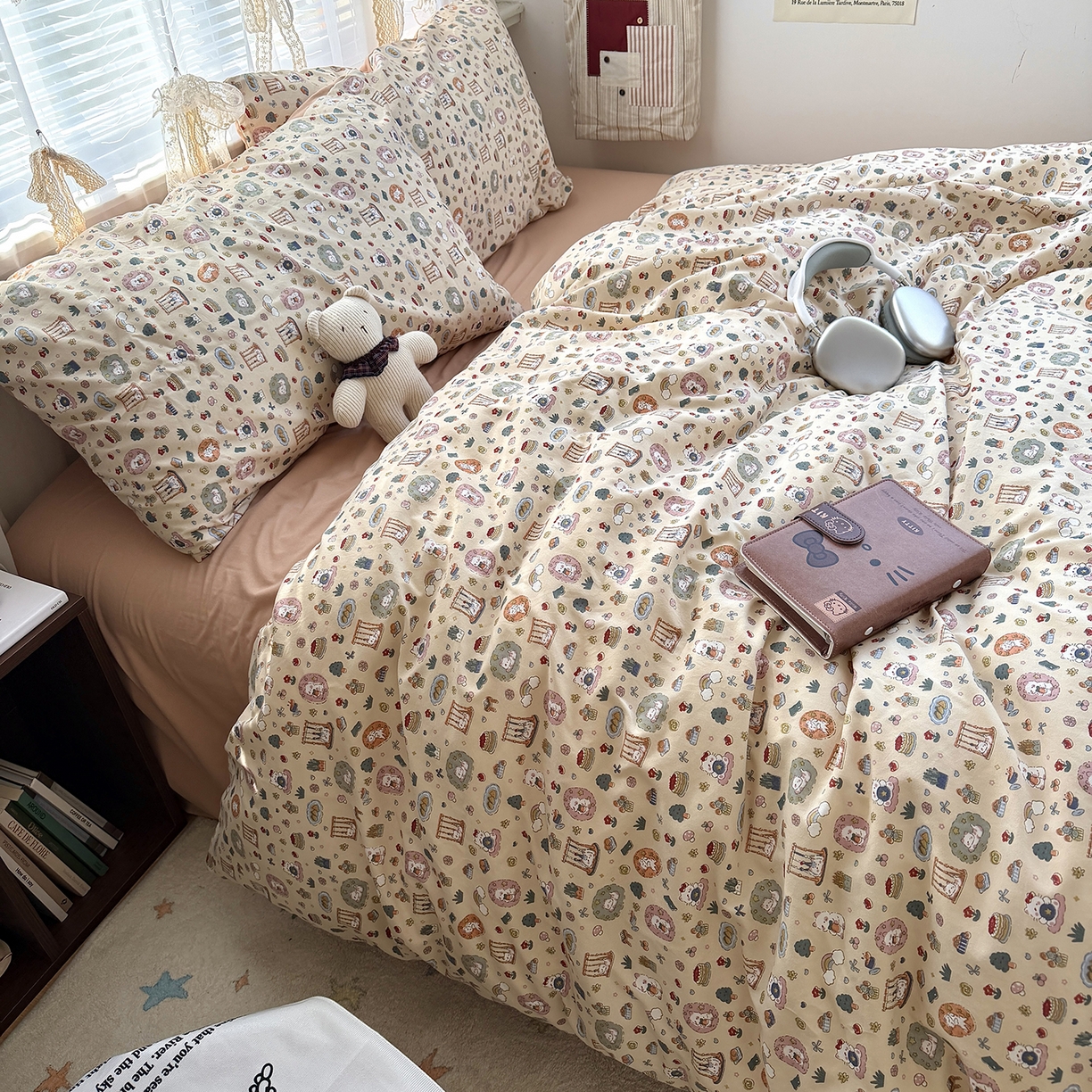 91家纺网 家纺一手货源 找家纺 原素 2026新款小清新水洗双层纱四件套 喵咪乐园