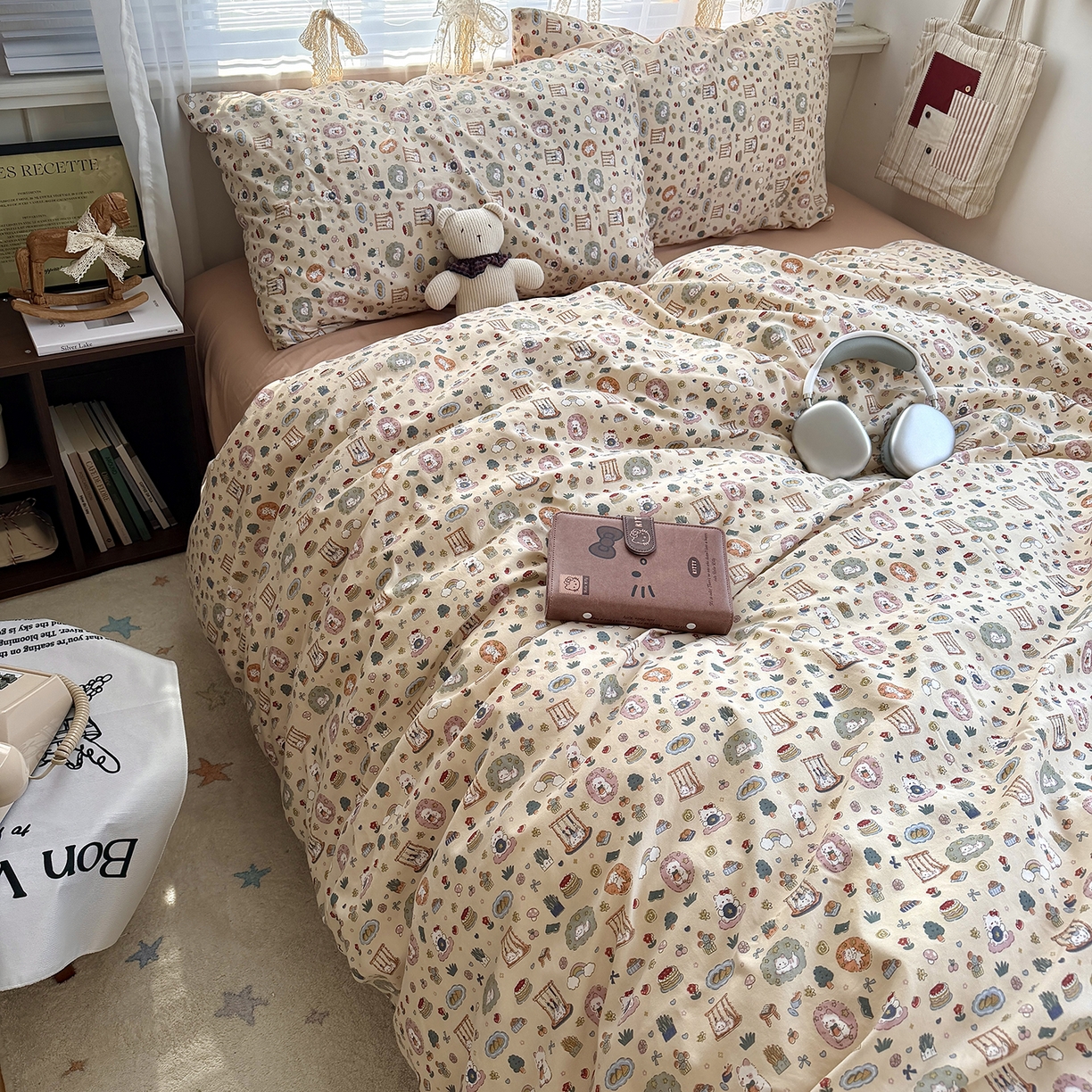 91家纺网 家纺一手货源 找家纺 原素 2026新款小清新水洗双层纱四件套 喵咪乐园