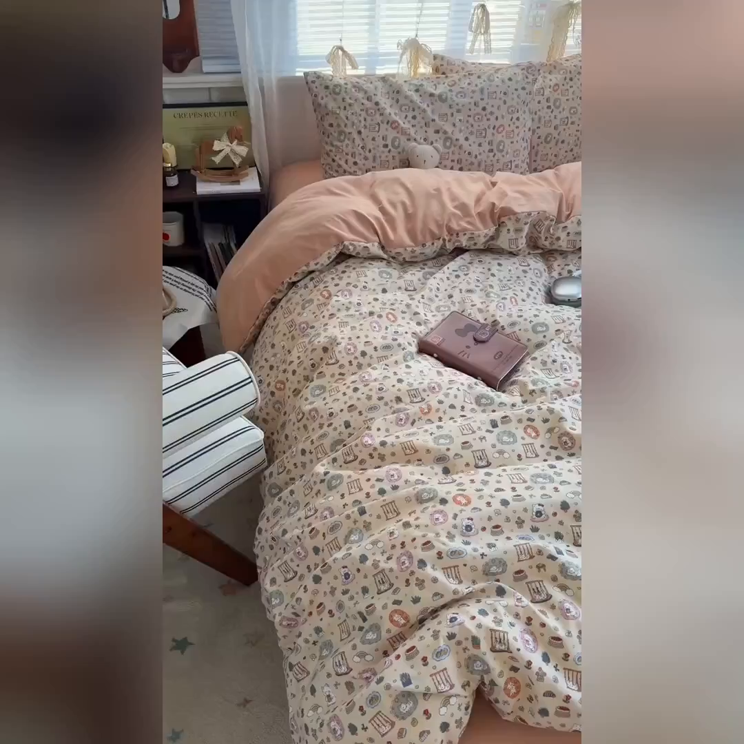 91家纺网 家纺一手货源 找家纺 原素 2026新款小清新水洗双层纱四件套 喵咪乐园