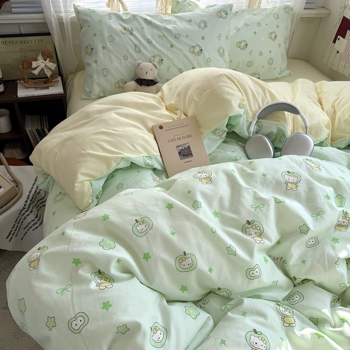 原素 2026新款小清新水洗双层纱四件套 苹果猫咪