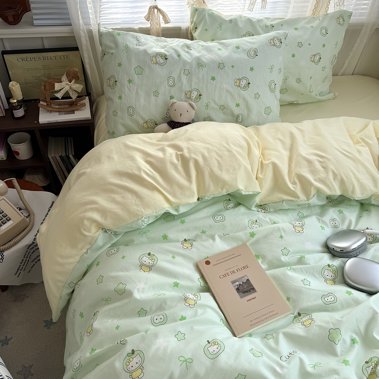 91家纺网 家纺一手货源 找家纺 原素 2026新款小清新水洗双层纱四件套 苹果猫咪