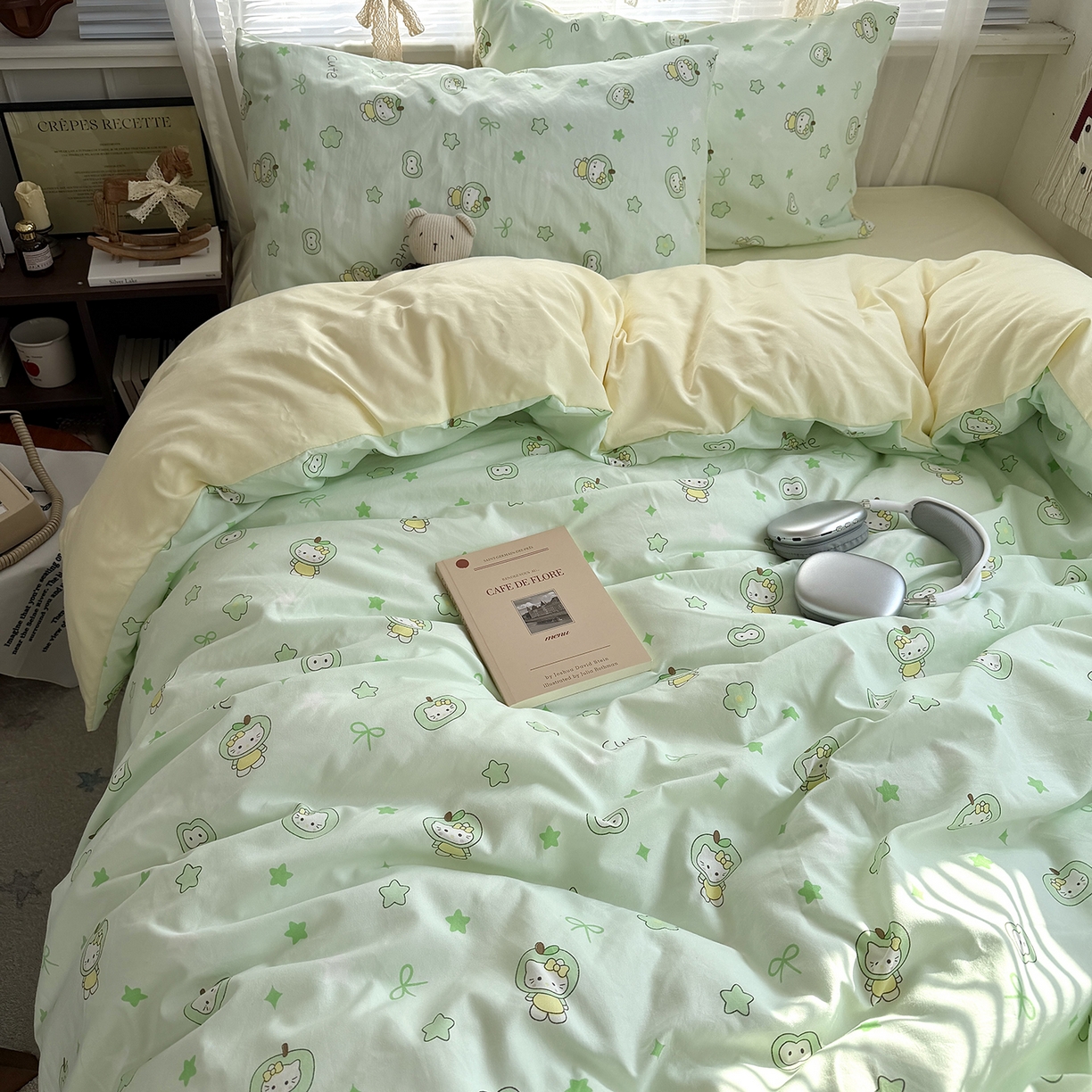 91家纺网 家纺一手货源 找家纺 原素 2026新款小清新水洗双层纱四件套 苹果猫咪