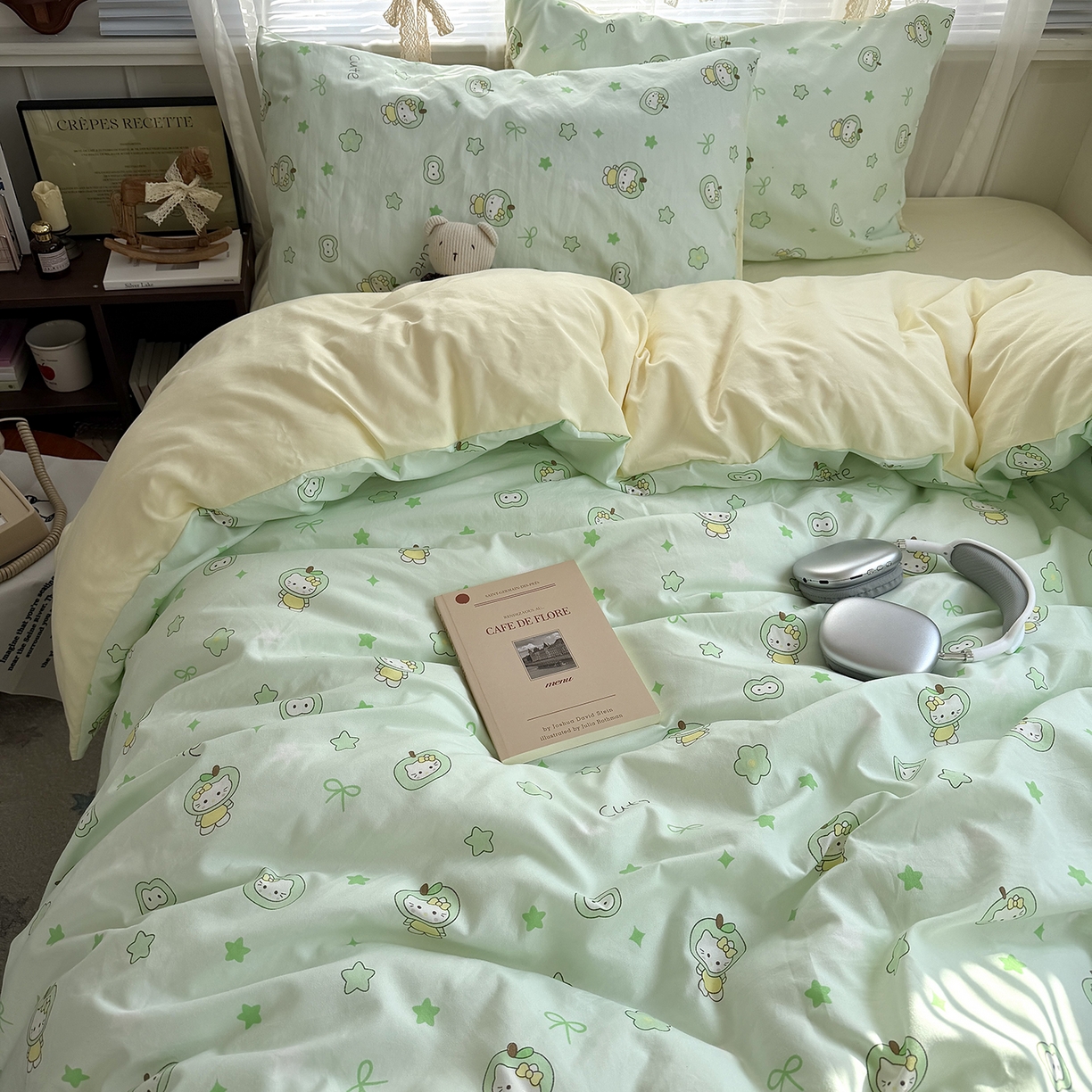 91家纺网 家纺一手货源 找家纺 原素 2026新款小清新水洗双层纱四件套 苹果猫咪