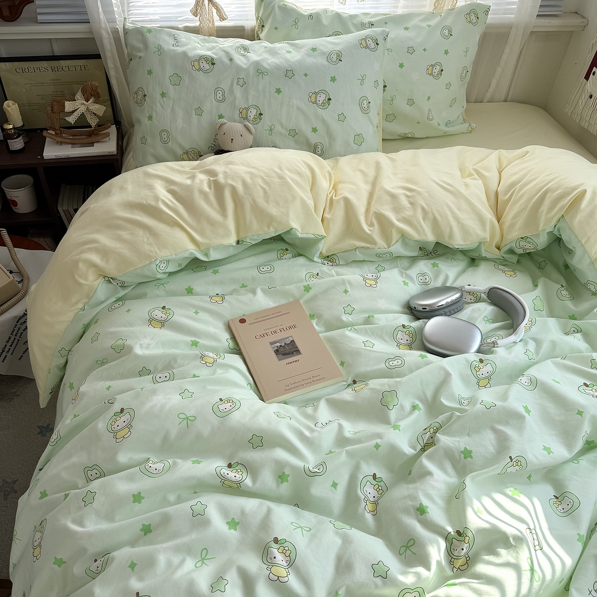 91家纺网 家纺一手货源 找家纺 原素 2026新款小清新水洗双层纱四件套 苹果猫咪