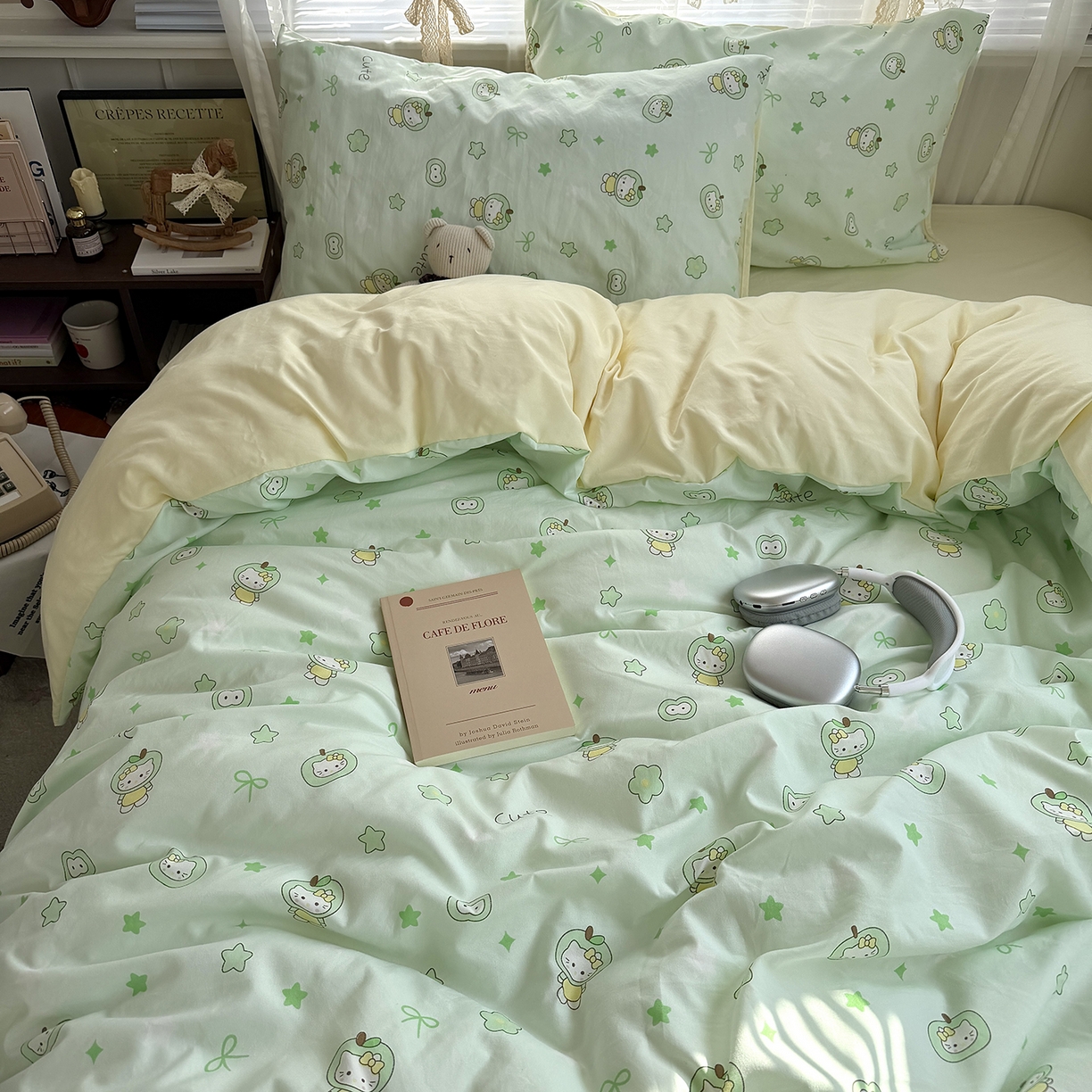 91家纺网 家纺一手货源 找家纺 原素 2026新款小清新水洗双层纱四件套 苹果猫咪