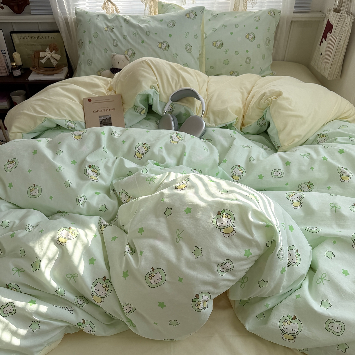 91家纺网 家纺一手货源 找家纺 原素 2026新款小清新水洗双层纱四件套 苹果猫咪