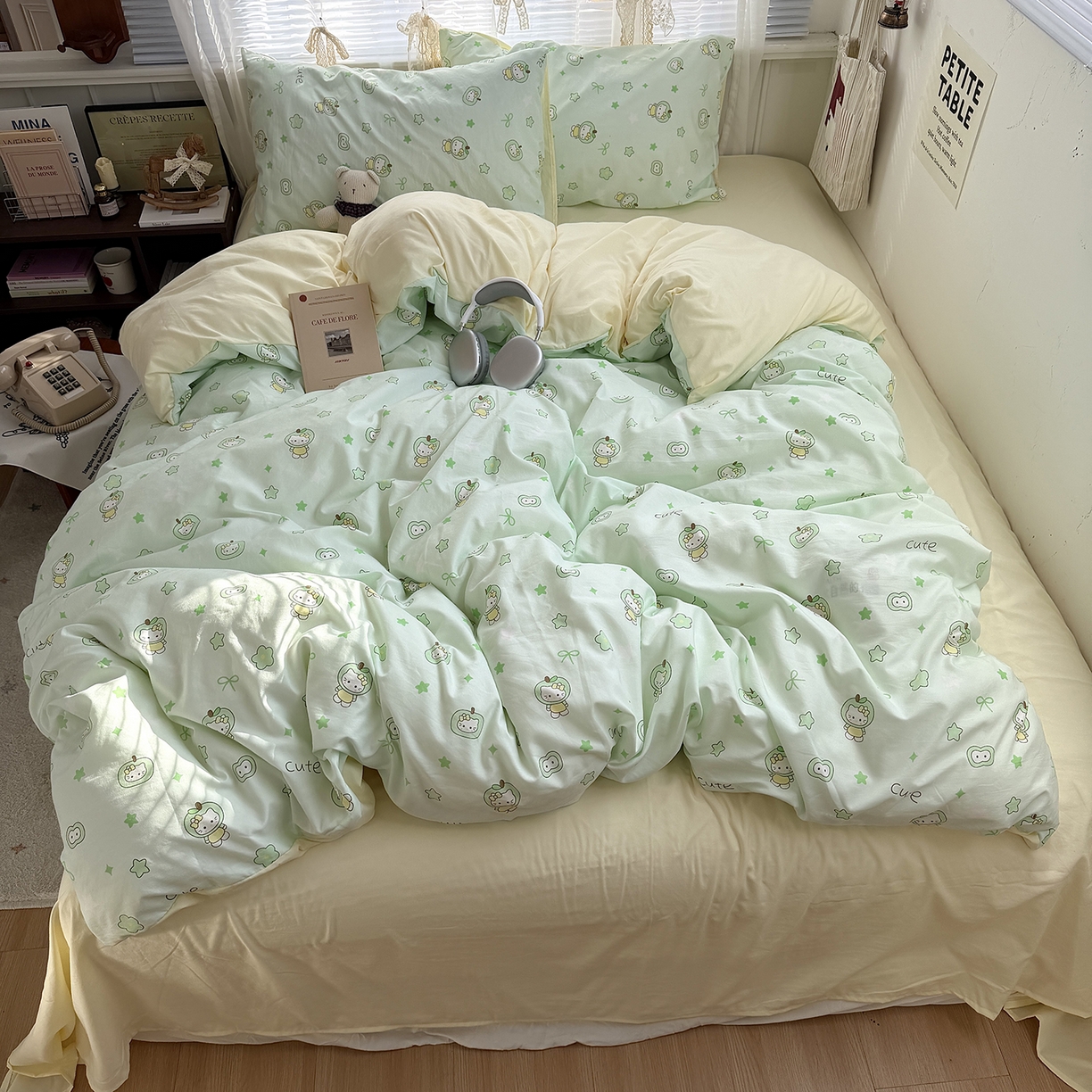 91家纺网 家纺一手货源 找家纺 原素 2026新款小清新水洗双层纱四件套 苹果猫咪