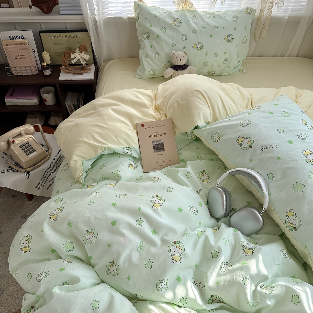 91家纺网 家纺一手货源 找家纺 原素 2026新款小清新水洗双层纱四件套 苹果猫咪